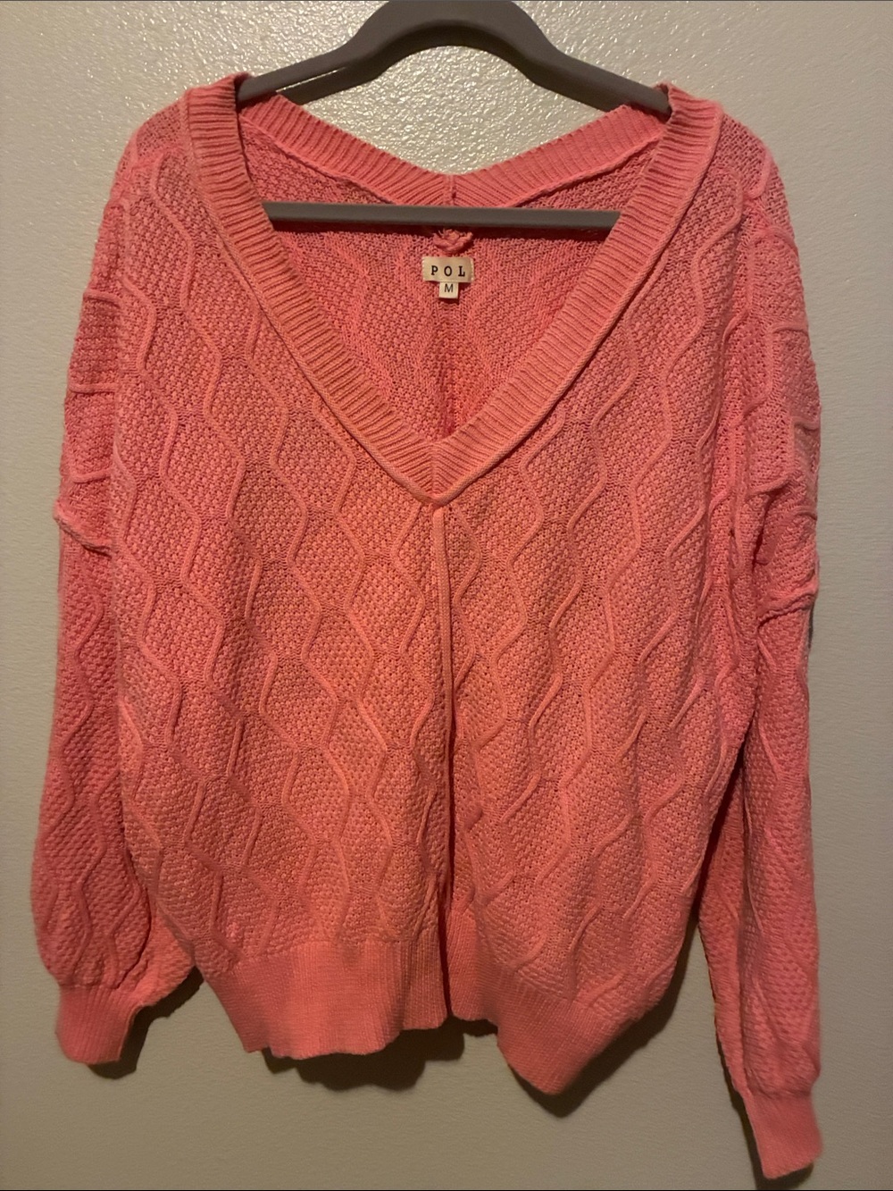 POL Pink Cable-Knit V-Neck Sweater